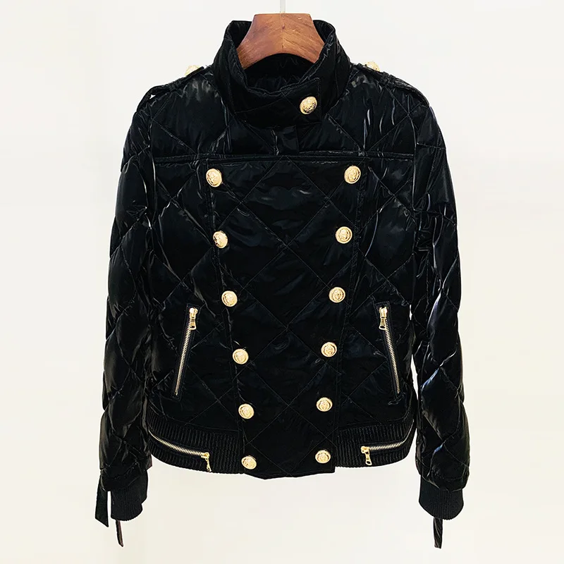 Fashion design winter woman white duck down puffer jacket stand collar glossy black coats gold lion buttons warm Japanese Korean