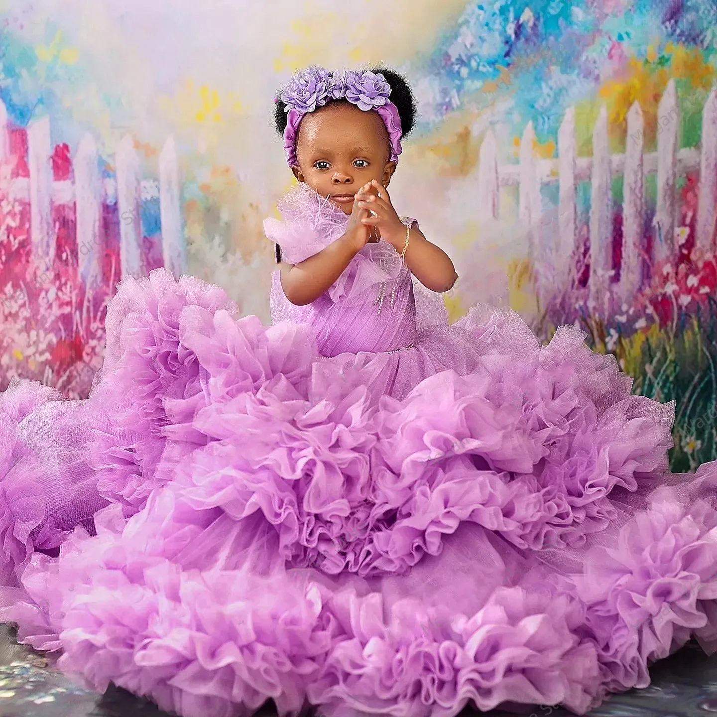 

Pretty Ruffled Mesh Baby Ball Gowns Fully Tiered Ruffles Pleated Kids Tulle Dresses Long Birthday Party Dress Photograghy