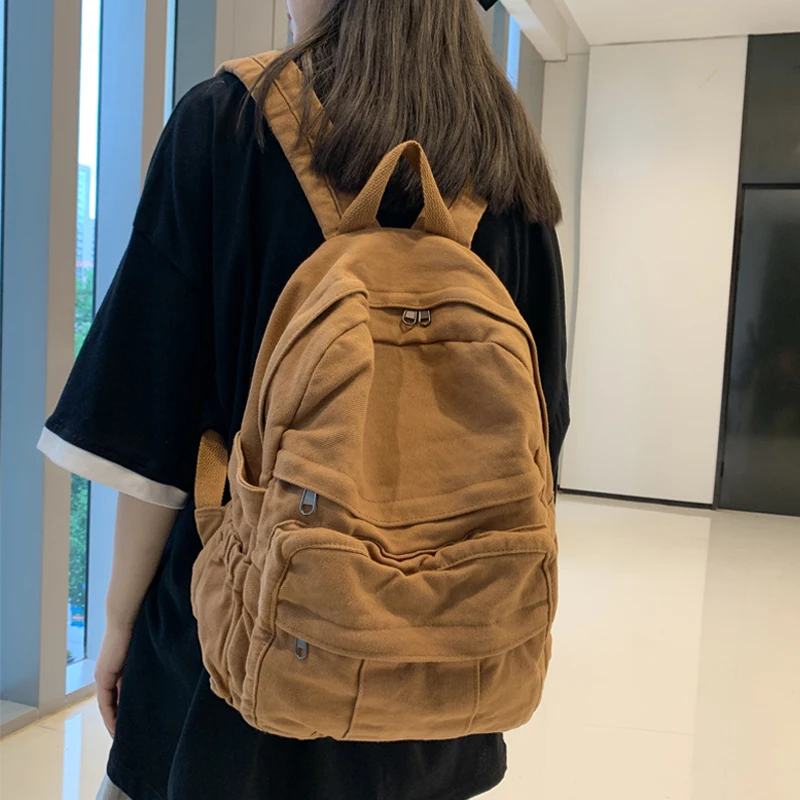 

New Solid Color Retro Women Backpack Korean Version Washed Canvas Female Handbag Travel Rucksack Teenage Girl Student Schoolbag