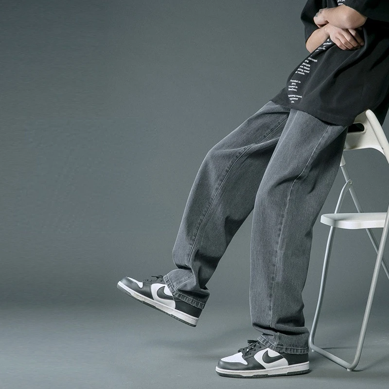 Men Jeans Spring Summer Solid Color Loose Straight Jeans Men Casual Button High Waist Wide-Leg Jeans Trousers Streetwear Jeans