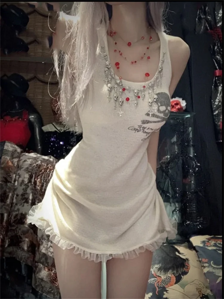 

Женское Короткое платье без рукавов, винтажное облегающее платье-чехол в стиле панк-рок, с принтом черепа, уличная одежда в стиле Харадзюку, ...