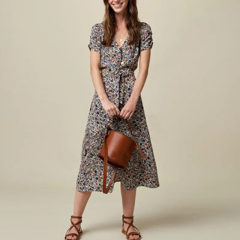 

Vintage Floral Dress Temperament Sweet Close Waist Lace Up Bubble Sleeve V-neck Short Sleeve Robes Elegant Vestido Feminino