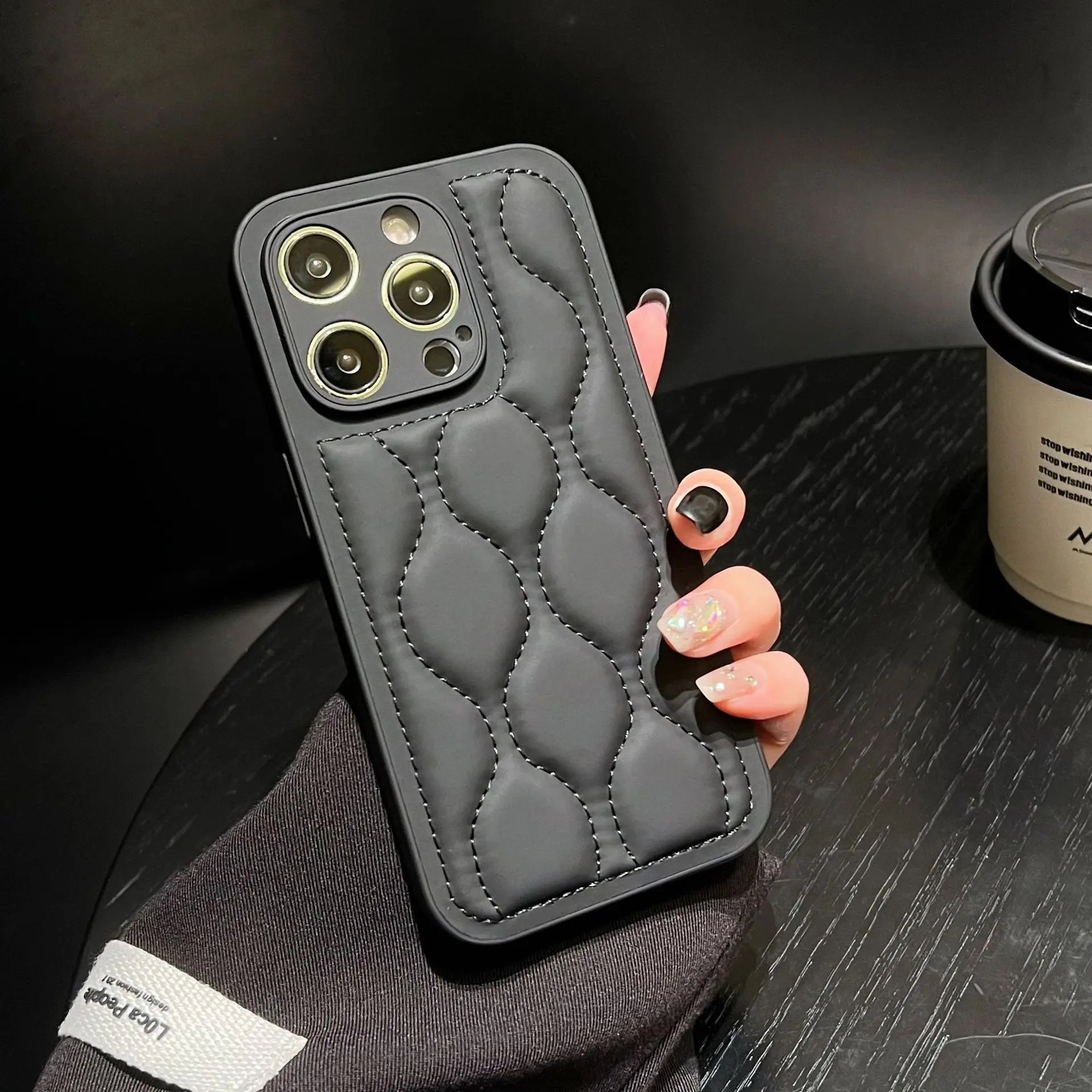 

Slim Leather down jacket Soft Phone Case For iPhone 15 Pro Max 14 13 12 11 Anti-Slip Geometric Lens Camera Protection Cover