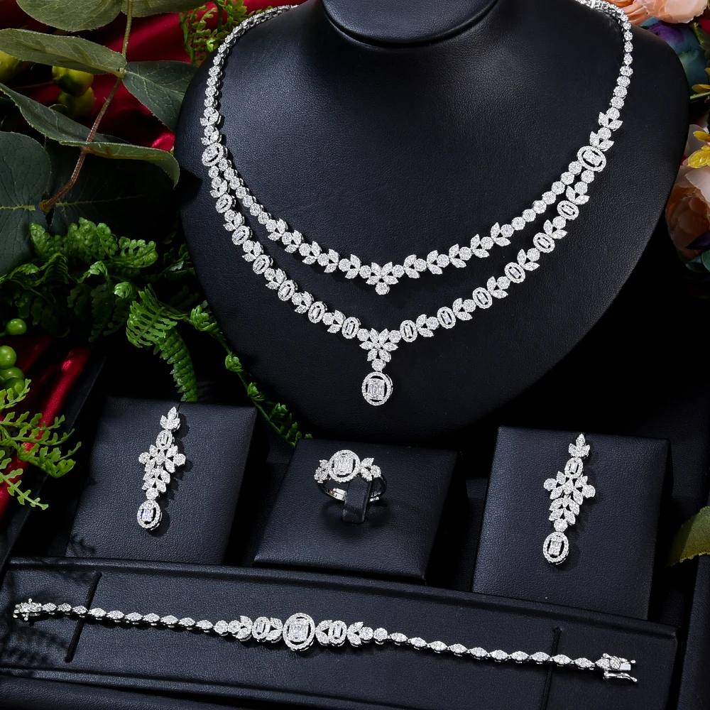 

blachette 2022 New Trendy Luxury Zirconia 2 Layers Necklace Earrings Ring Bracelet Women Aristocratic Wedding Dubai Jewelry Set