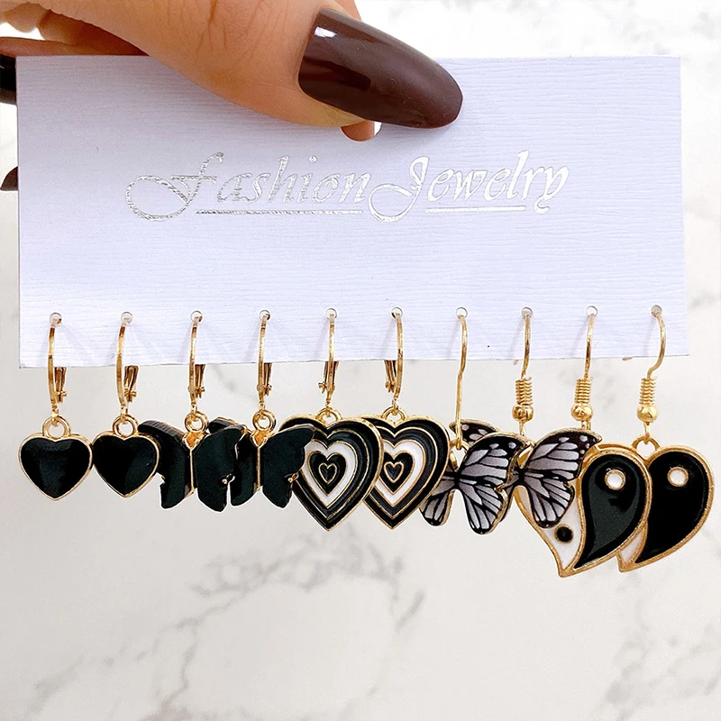 

5 pairs Black Enamel Heart Butterfly Drop Earring Set Women Vintage Retro Resin Colorful Lovely Earring Ear Studs Jewelry Gifts