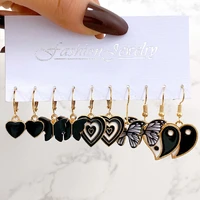 5 pairs black enamel lovely heart drop earring set women vintage retro resin colorful butterfly earring ear studs jewelry gifts