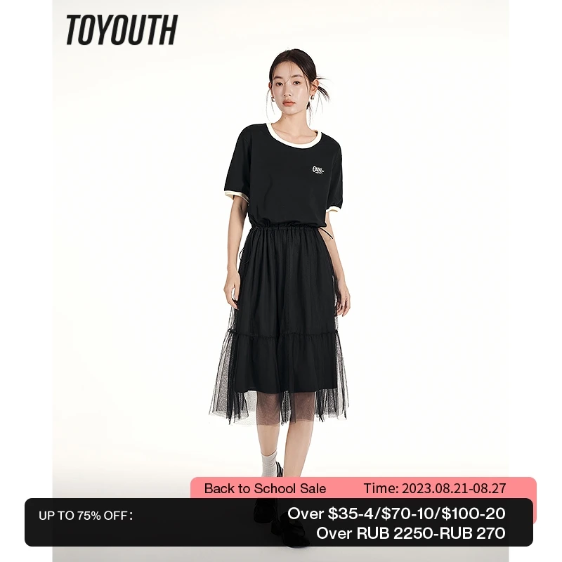 

Toyouth Women Dress 2023 Summer Short Sleeve Round Neck Drawstring Waist A-shaped Embroidery Patchwork Mesh Casual Black Skirt
