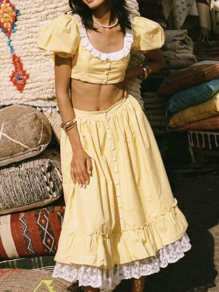 Новинка 2023 года весенне-летний женский костюм светло-желтый кружевной дизайн