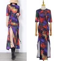 women tie dye printing dresses 2022 spring summer new pleated vestidos ruched split sexy beach holiday dress