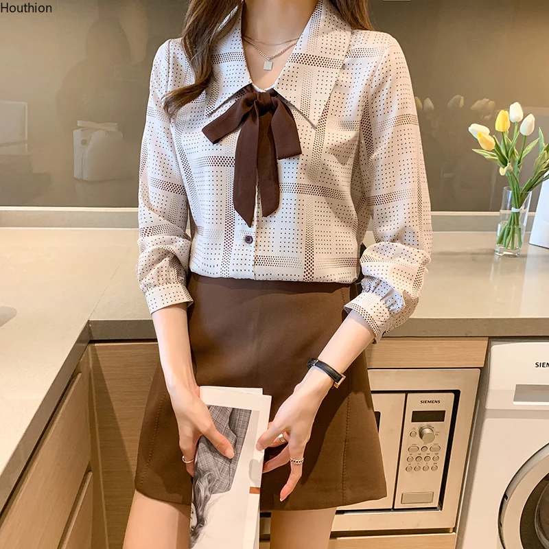 

New Women's Blouse Polka Dot Chiffon Shirt Lapel Bow Casual Fashion Long Sleeve Top Printing Female Clothing