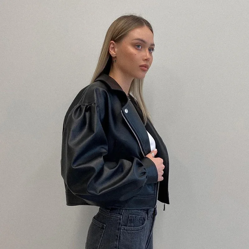 PU Leather Women's Short Jacket Fashion New Style Black Puff Sleeve Suit Collar Jacket Elegant Loose Casual Zipper Top Cool Coat