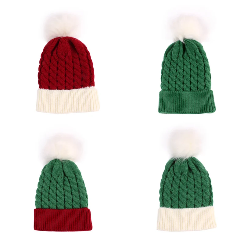 

Autumn Winter Warm Wool Knitted Hats For Kids Green Red Christmas Baby Hat Furry Ball Cute Bonnet Boy Girl Children Cap 2-7Years