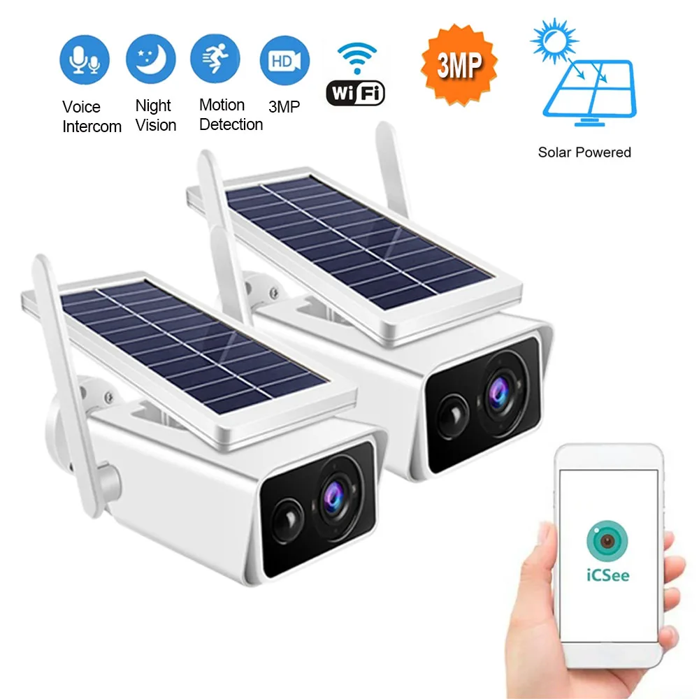 

1/2PCS Outdoor Solar Powered Camera 3MP HD IP Camera Waterproof Wireless WIFI Security Surveillance Camera with Motion Detection