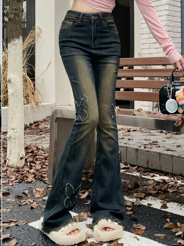 

Винтажные эластичные джинсовые брюки с высокой талией и вышивкой бабочки, Облегающие расклешенные брюки, осень 2023, Новая модная женская одежда
