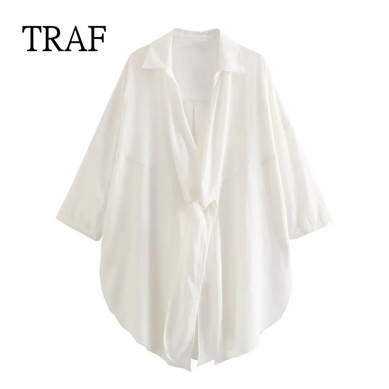 

TRAF Long White Shirt Women 2023 Autumn Fashion Bow Long Sleeves Loose Blouses And Shirts Female Plus Size Tops Woman Shirts