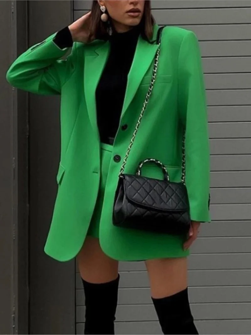 

Women's Elegant Long Sleeved Coat And Mini Skirts Suit Slim Cardigan Green Single Breasted Coat And A Line Skirt Two Piece Set