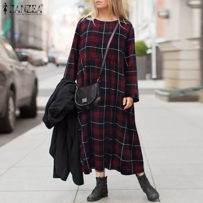 

Женское праздничное платье ZANZEA, винтажное клетчатое платье-макси большого размера с круглым вырезом, весна 2022