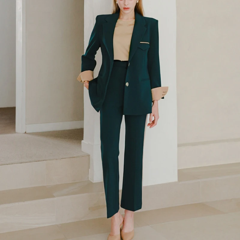 

Spring Women Panelled Two Piece SetSingle Breasted Blazer High Waist Straight Pencil Pants Suit Female New Causal Office Lady