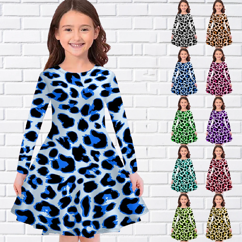 

Leopard Pattern 3D Printed Summer Children's O-Neck Dress Girls Long Sleeve Dress Loose Knee-length Casual Trend Girls Clothing