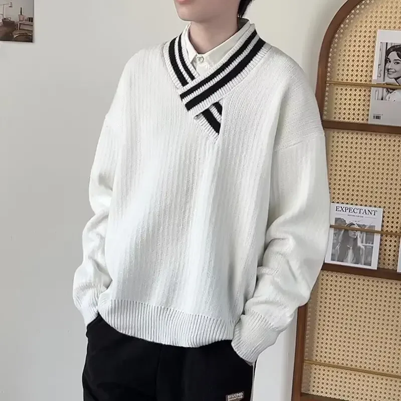 Мужской вязаный свитер с длинным рукавом повседневный модный свободный пуловер