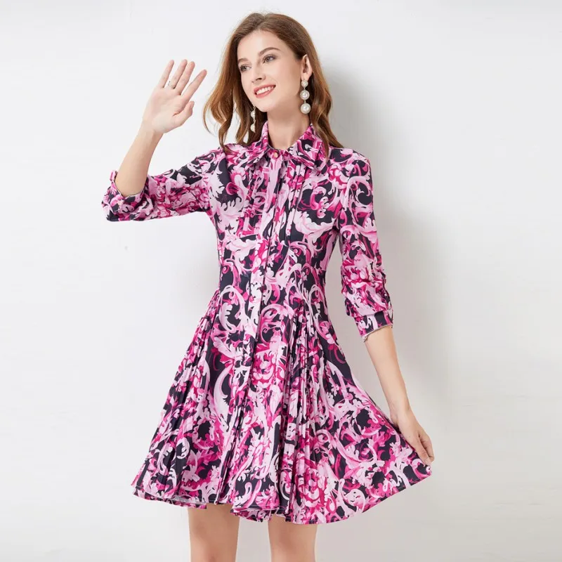 

Женское Повседневное платье-рубашка с отложным воротником, подиумное платье с винтажным цветочным принтом, приталенное Плиссированное мин...