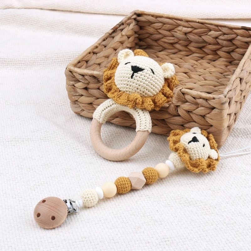 

Pacifier Clip Baby Teether Rings Crochet-Baby Lion-Doll Shower Gift for Infant