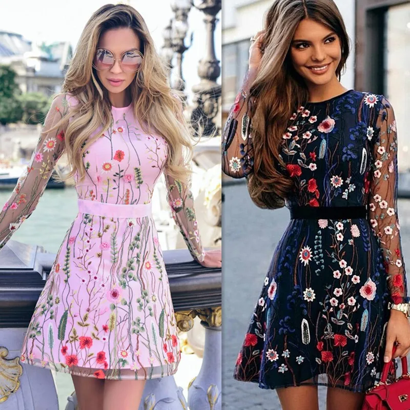 

New Style Mesh Patchwork Pink Flowers See Through Short Dress Birthday Party Celebrate Dress Nightclub Women Embroidery Dress