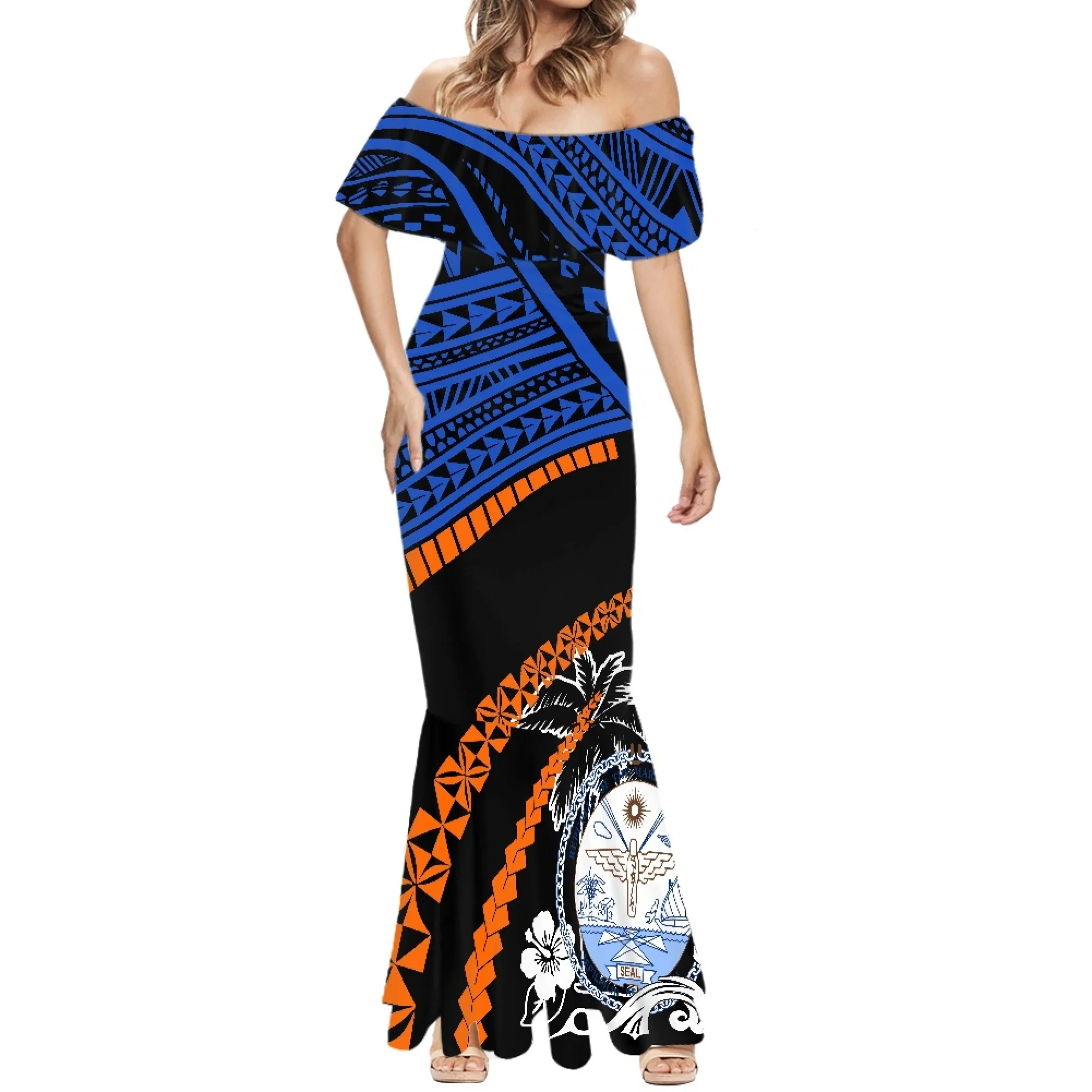 

Traditional Polynesian Tribes Shoulder Less Dress With Lotus Collar Samoa Tattoo Fish Tail Dress Party Club Women Of The Summer