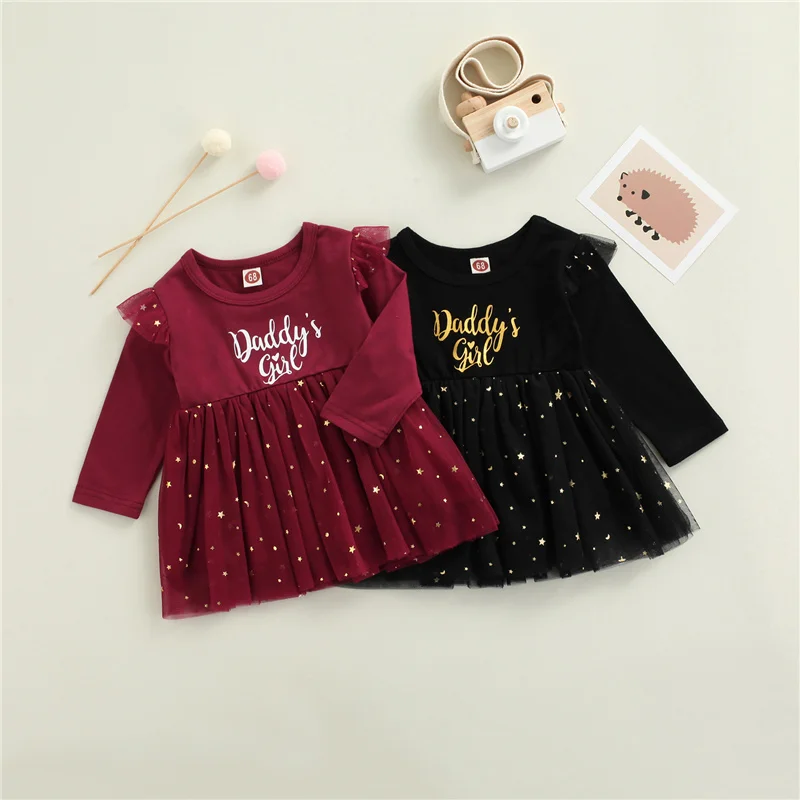 

Baby Long Sleeve Dress with Letter Decoration , Five-Pointed Star Pattern Ruffle Mesh Decoration Spring Clothing,0-3Years