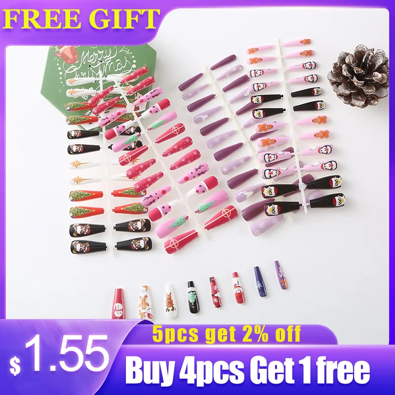 

24pcs/sheet Christmas fake nails French long coffin tips Santa Claus penguin designs DIY manicure press on false acrylic nails