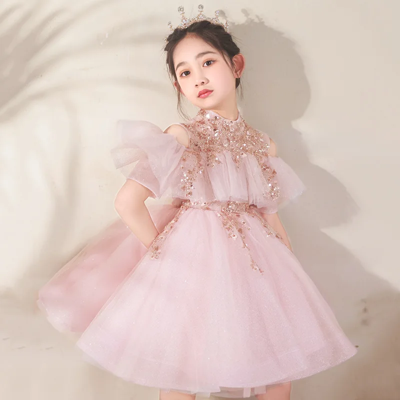 

Детское бальное платье с блестками, розовое элегантное платье для девочек-подростков, для торжественных случаев, детское платье с цветами, 2023