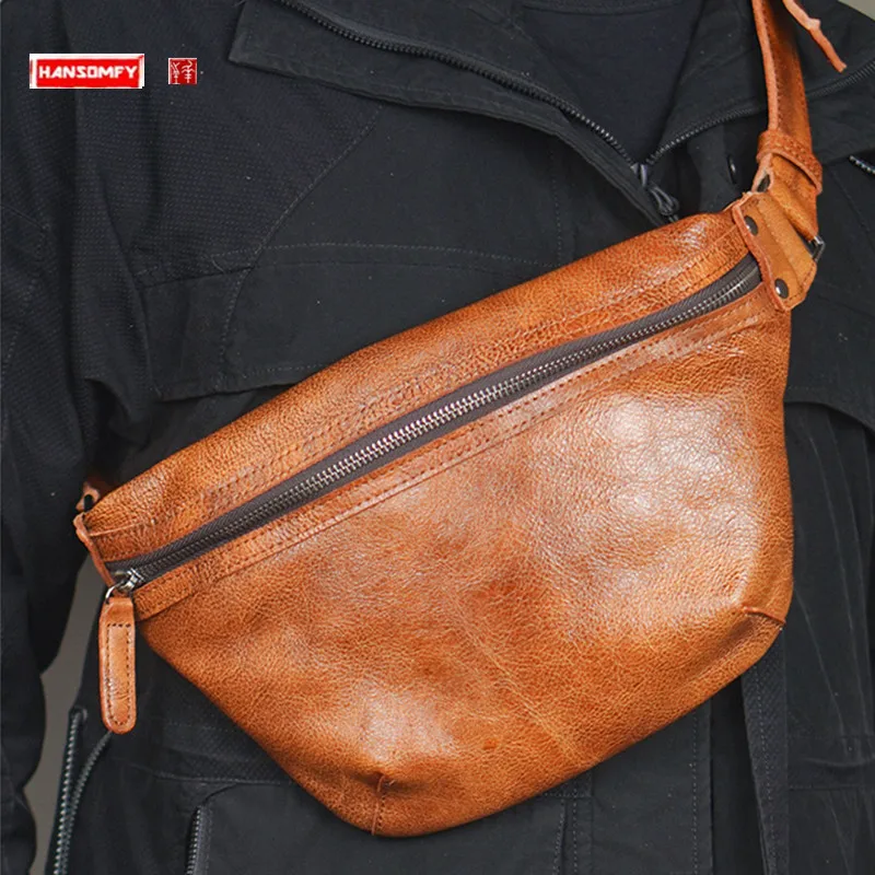Retro Men's Leather Single-Shoulder Bag Vegetable Tanning Leather Crossbody Bag Trendy Casual Waist Bag Outdoor Chest Bag