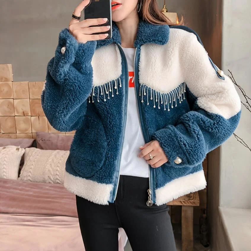 

beading Warm Sheep fur Diamond sheared coat female new hit color thicker wark fur coat short fur one grain fur jackets wq2383