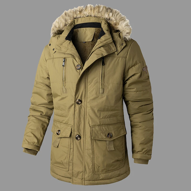 Men's Fleece Thick Warm Winter Jacket Windbreaker Male Mid-Long Multi-pockets Outdoor Fur Hooded Parkas Windproof Outwear Coat