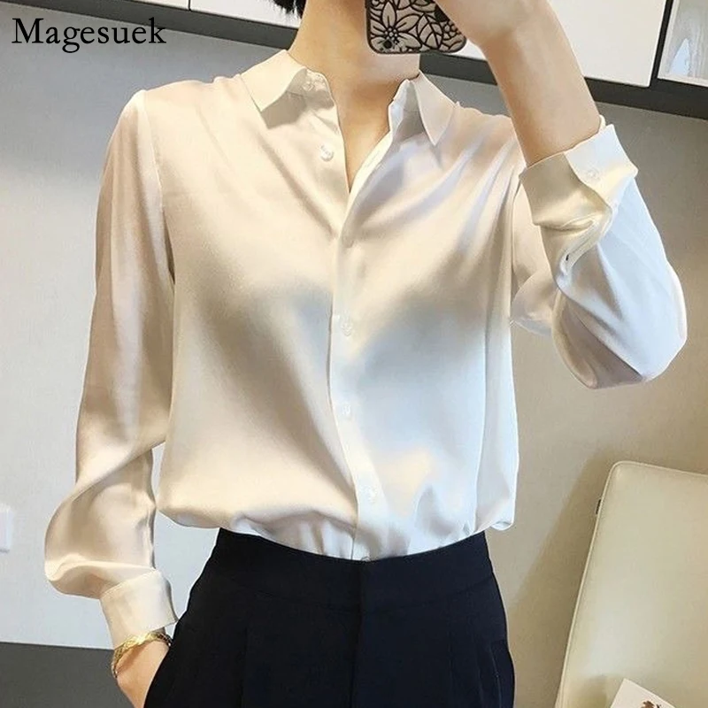 

Elegant Autumn Long Sleeve Silk White Blouse Fashion Loose Satin Woman Shirt Casual Single-breasted Shirts Women Clothing 23229