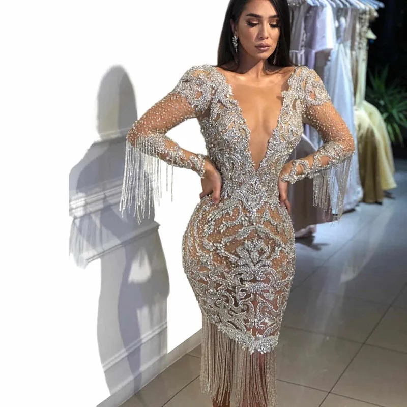 Women Clothing Silver Deep V Neck Tight Bodycon Prom Dinner Party Dress Flash Long Sleeves Tassel Cocktail Party Mermaid Summer