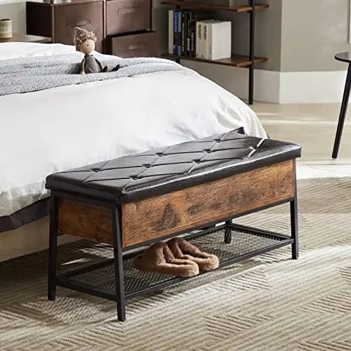 

Bench, Bed Bench for Bedroom, Industrial Shoe Bench with Padded Seat and Metal Shelf, 39"x17.7"x13.7" Entryway Bench