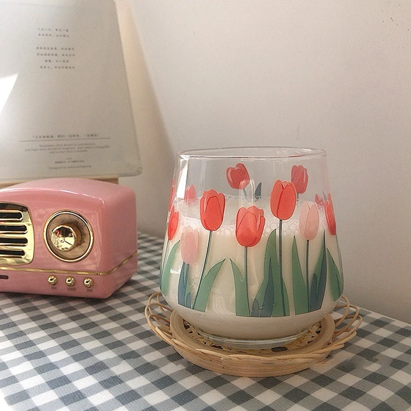

Korean Ins Glass Cup Girly Heart Vintage Tulip Print Transparent Beer Whisky Milk Glass Cup Transparent Simple Desktop Decor Mug