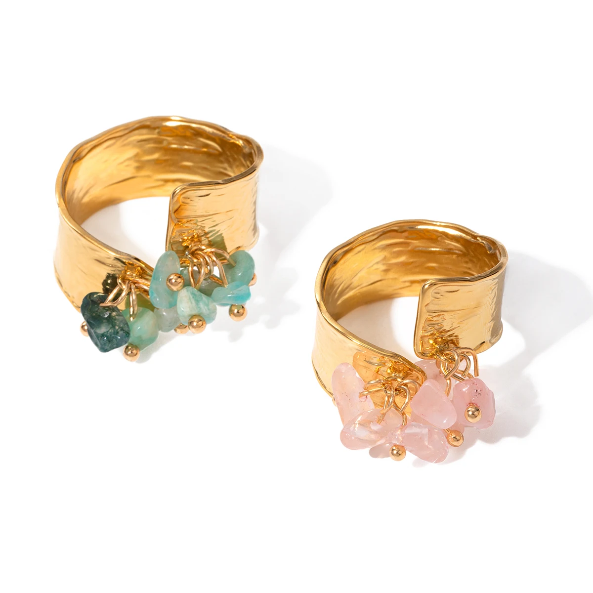 Модное кольцо из нержавеющей стали с текстурой цвета хаки и розовым кварцем для