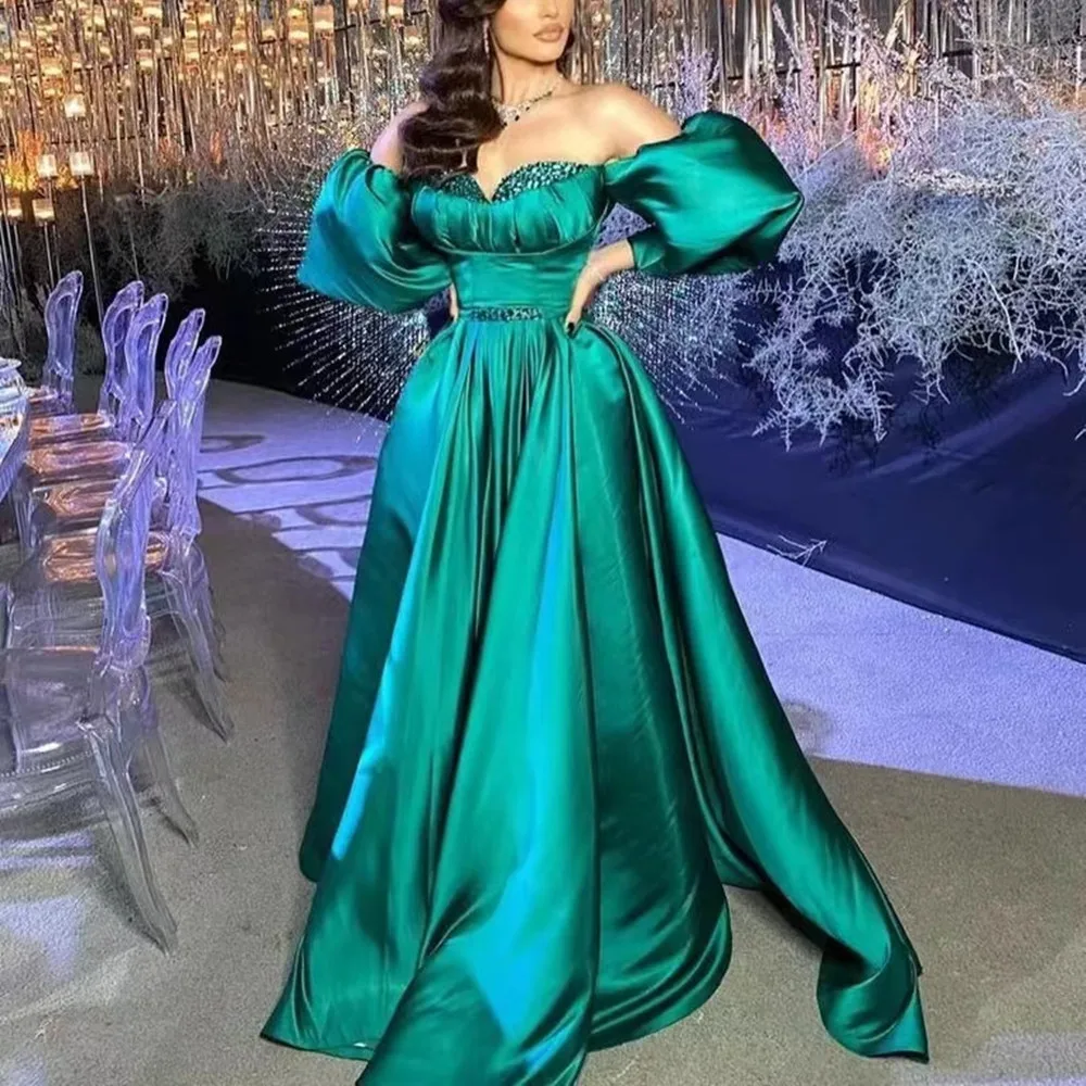 

Elegant Green Satin Prom Dresses Puffy Sleeves Sweetheart Crystals Beaded Long Ball Gown Arabic Evening Gown
