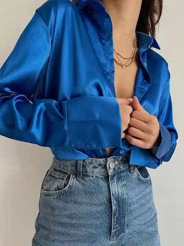 Satin Long Sleeve Blouses Women Tops 2023 Vintage Blue Green Silk Shirt Casual Loose Button Up Female Shirts Fashion Tops 18913