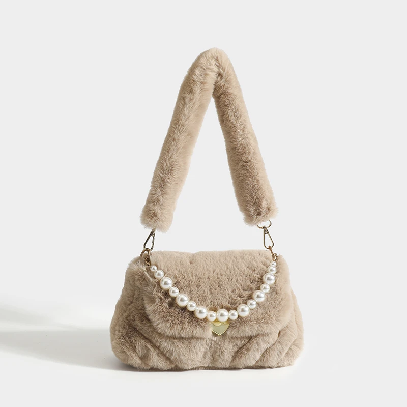 

Winter Women's Underarm Shoulder Bag Luxury Designer Handbag Made Of Faux Fur Messenger Bag Pearl Chain Ladies Soft Casual Totes