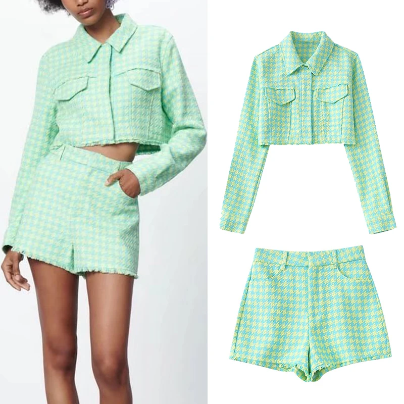 

2022 Spring Women Versatile Long Sleeve Lapel Check Short Coat High Waist Raw Edge A-line Shorts Two Piece Suit BB22672