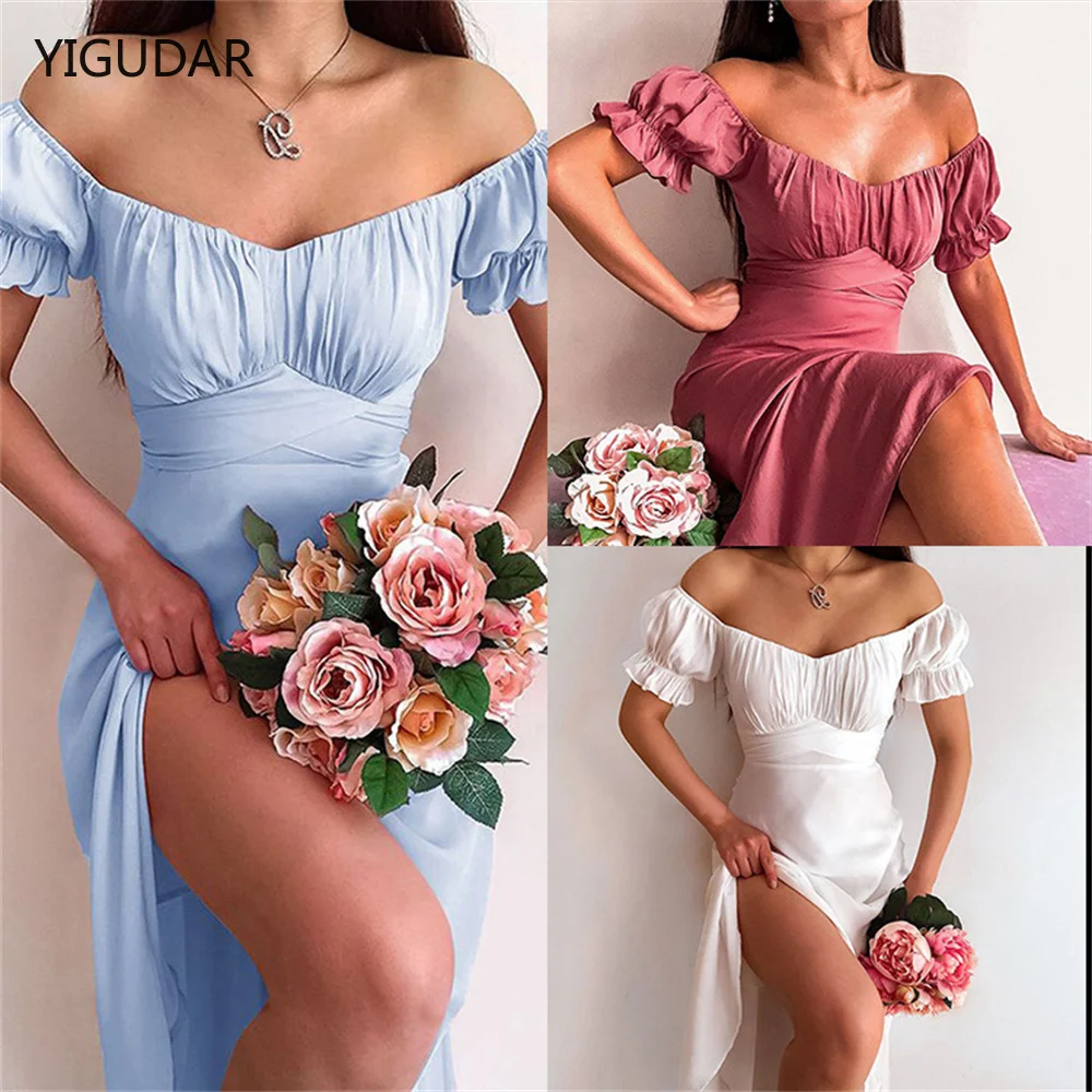 

Women Summer Dress Off shoulder Sweet Floral Wrap-Neck Shrimp Waist Swing Dress Mini Dress Summer Beach wear women dresses