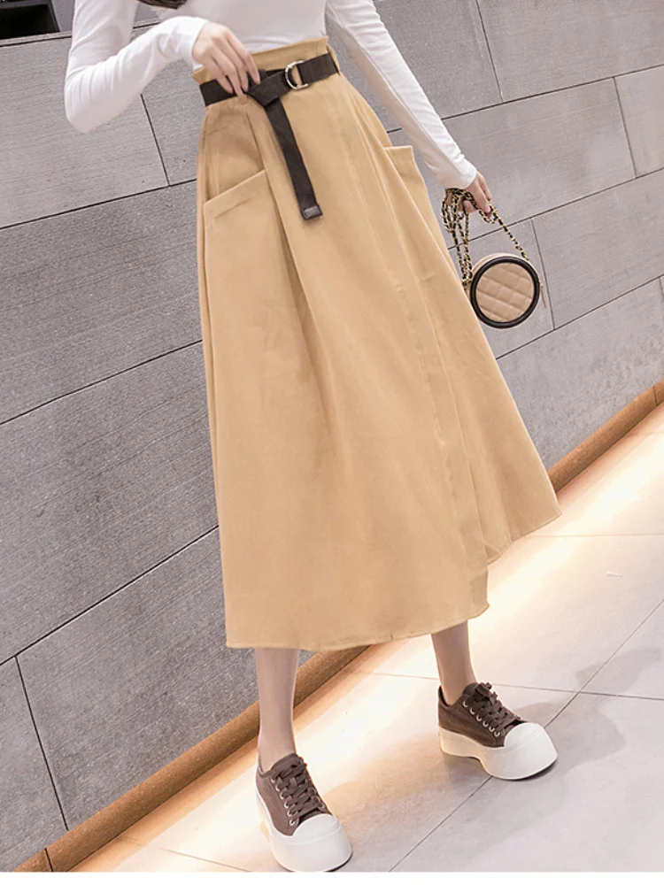

Fashion Simple Solid Skirts Fall Elatsic High Waist Irregular Pockets Midi Skirts Elegant A Line Belt Faldas Mujer