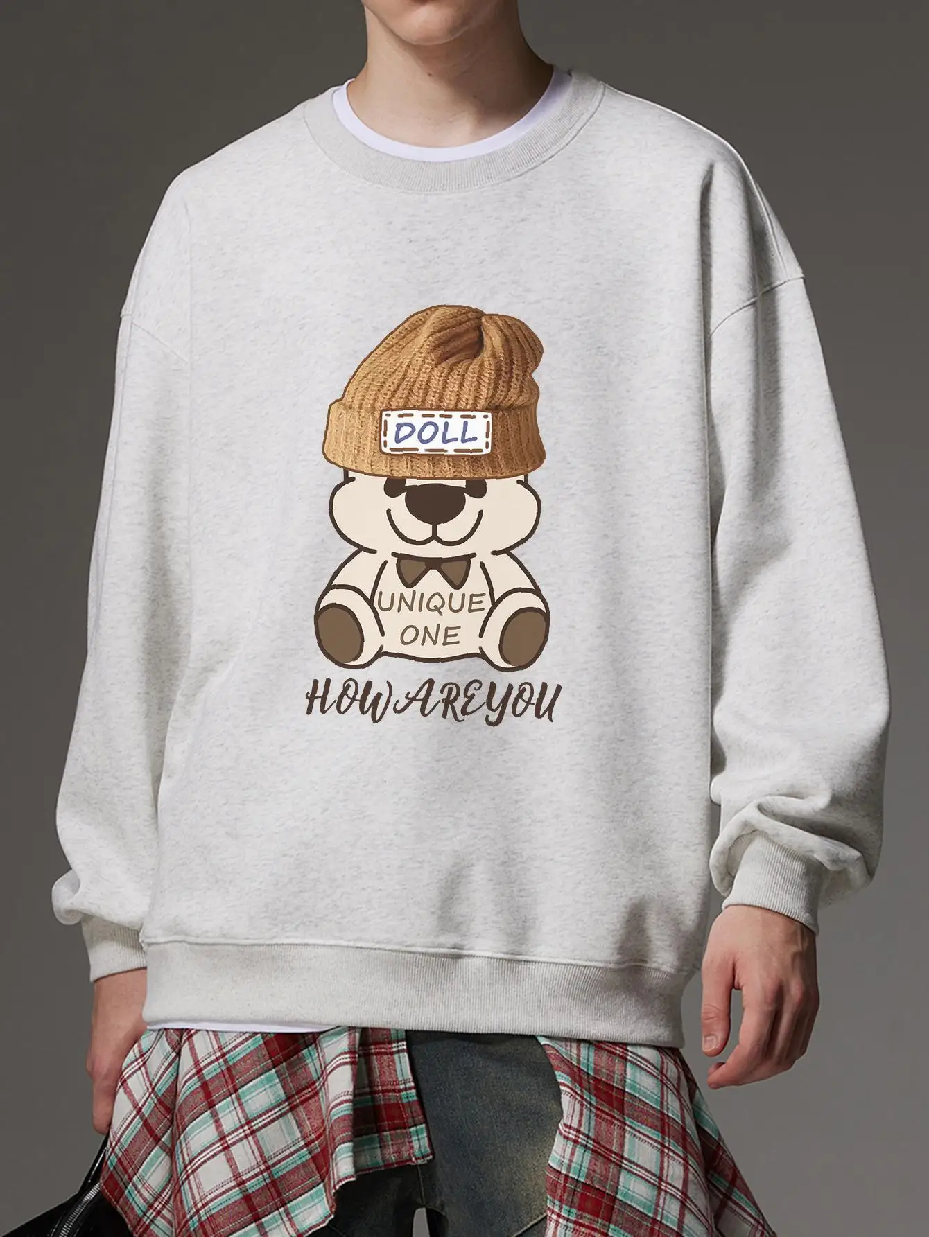 Kawaii Doll Bear Print Pullover Mens Sweatshirts Long Sleeve Crew Neck Casual Hoodies Fashion Brand Kpop Y2k Male Streetwear
