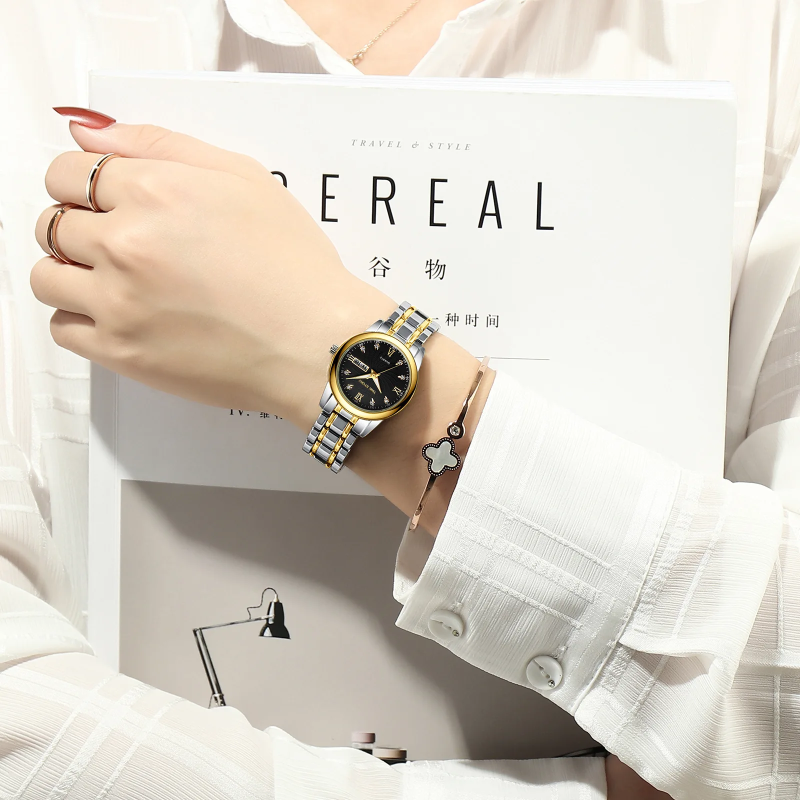 Time Story watch women's quartz watch double calendar luminous waterproof diamond-encrusted table steel belt women's watch one p