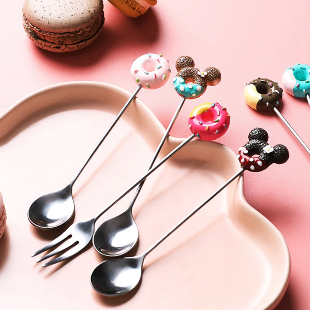 Stainless Steel Doughnut Spoon Fork Coffee Cake Dessert Tea Ice Cream Cartoon Teaspoon Stirring Spoon Candy Cute Kids Dinnerware