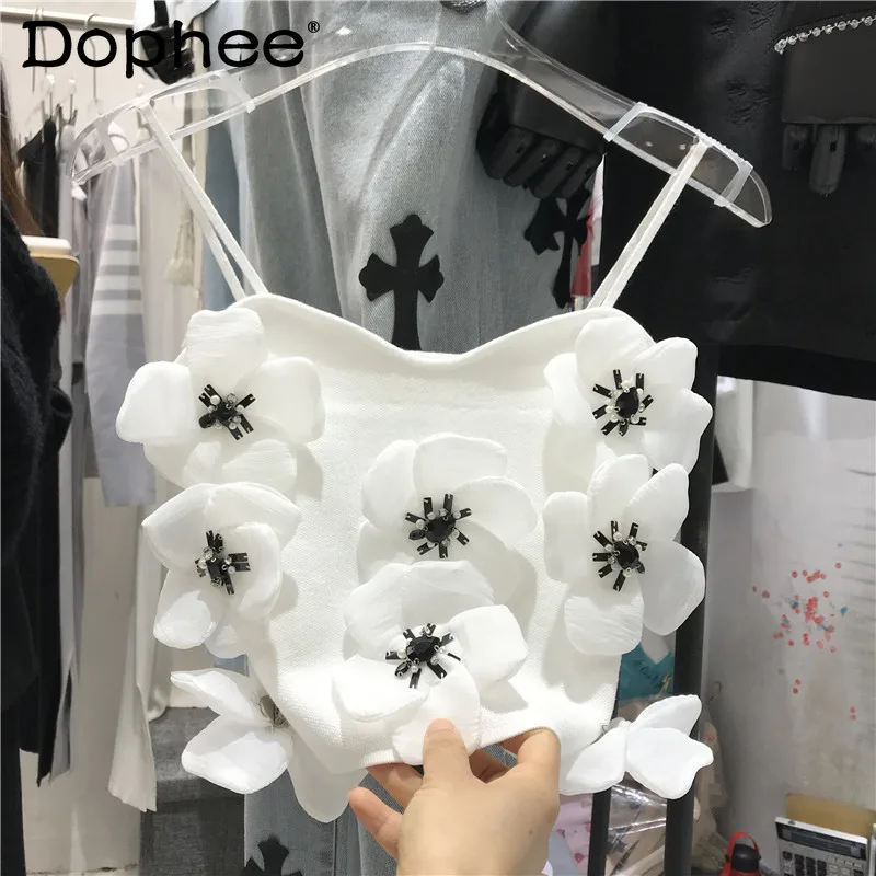 

Sweet Beaded Three-Dimensional Flower Tube Top Slimming Short Knitted Camisole Women 2022 Summer New Sexy Backless Vest Crop Top
