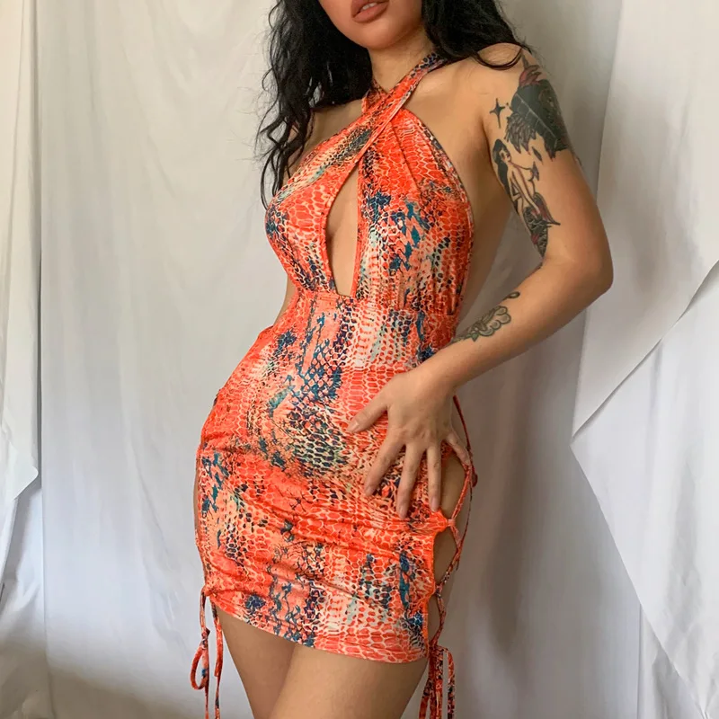 

WJFZQM Snake Print Halter Hollow Out Sleeveless Backless Drawstrings Mini Dress 2022 Summer Sexy Bodycon Beach Club Wear Y2K
